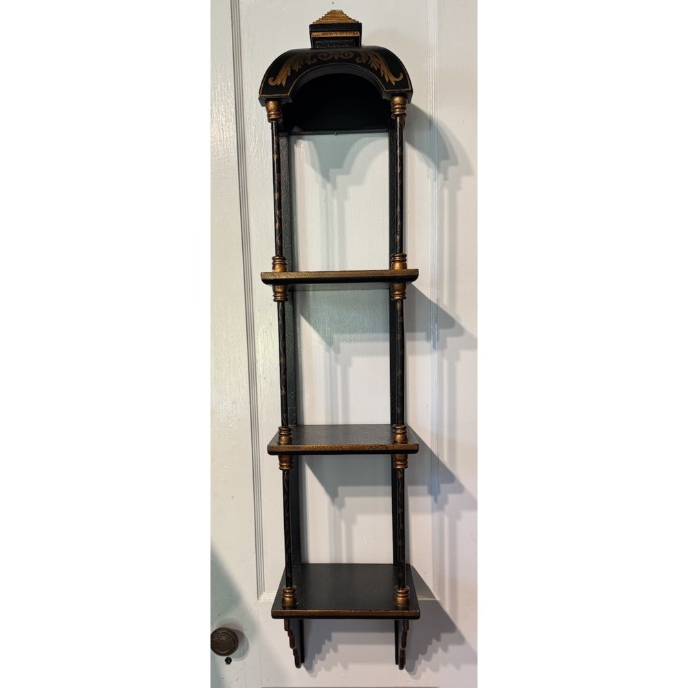 Chinoiserie Style Pagoda Wall Shelf Black Gold Faux Bamboo Asian 46"
